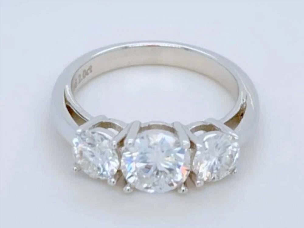NEW P & K JEWELRY moissanite 3 stone ring in silver